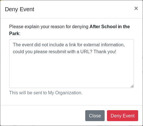 Deny New Event modal screenshot
