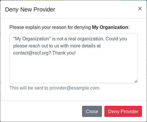 Deny New Provider modal screenshot